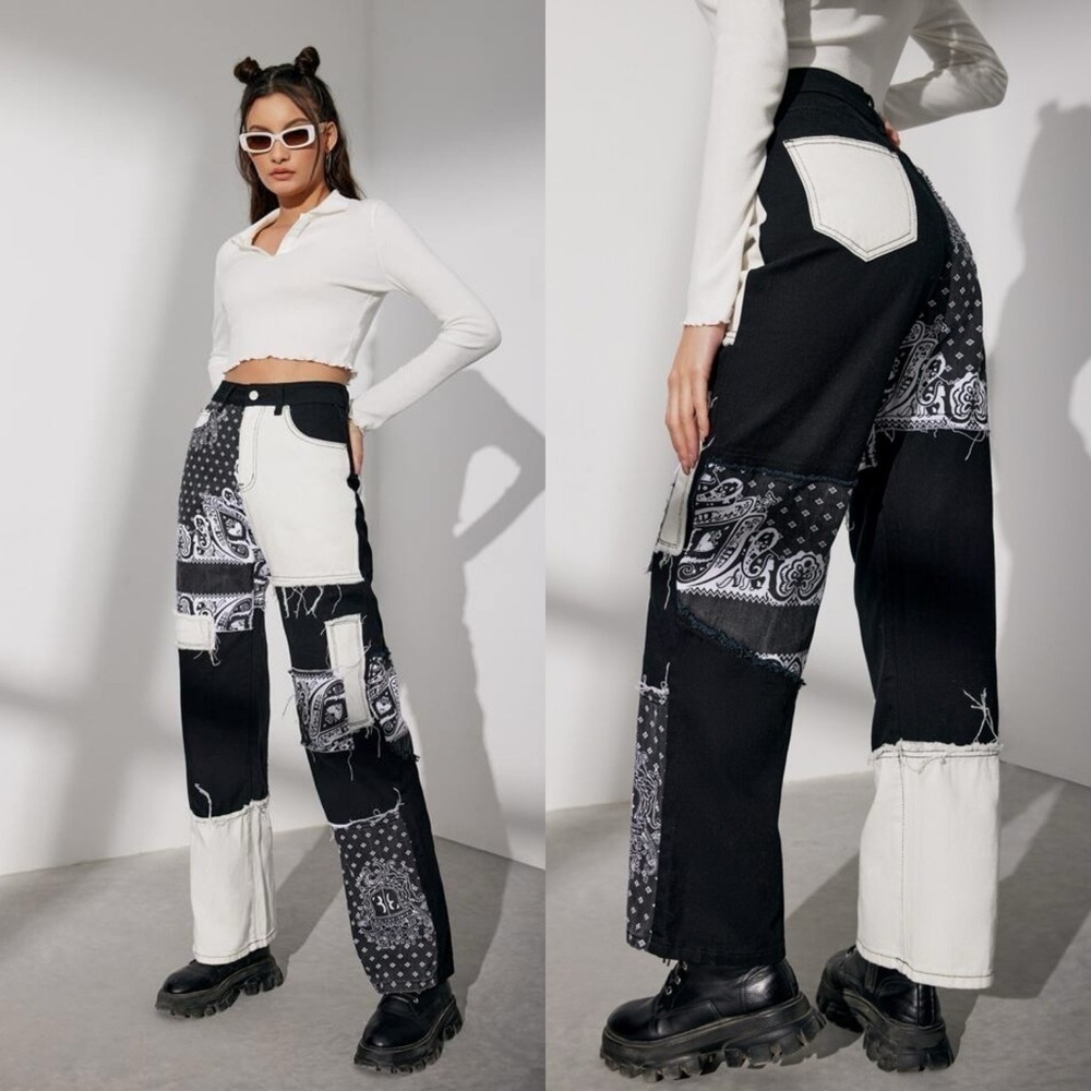 Paisley Print Patchwork Print Boyfriend Y2K patch pattern wide leg JNCO Jeans